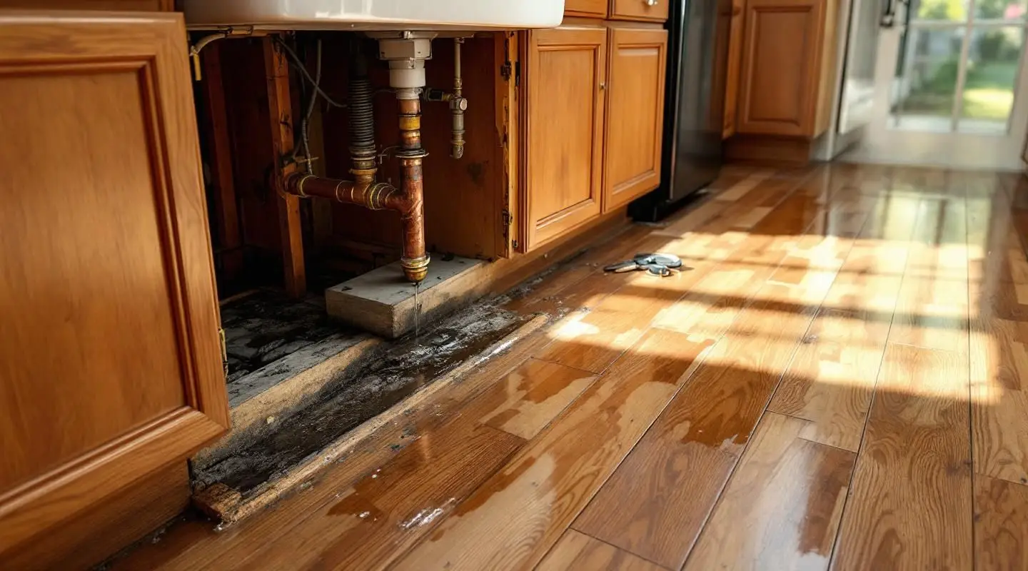 A technician carefully drying water-damaged kitchen cabinets in a Gilbert home using professional air movers.
