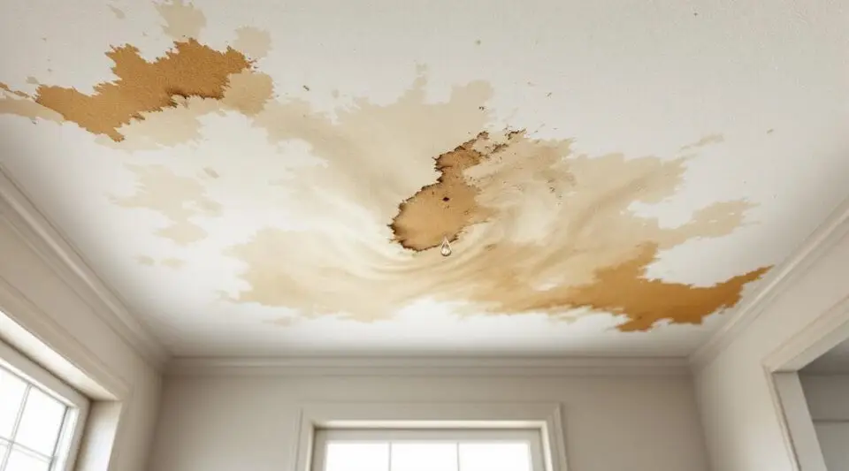 A professional technician inspects a water-damaged ceiling with a moisture meter in a Gilbert home.