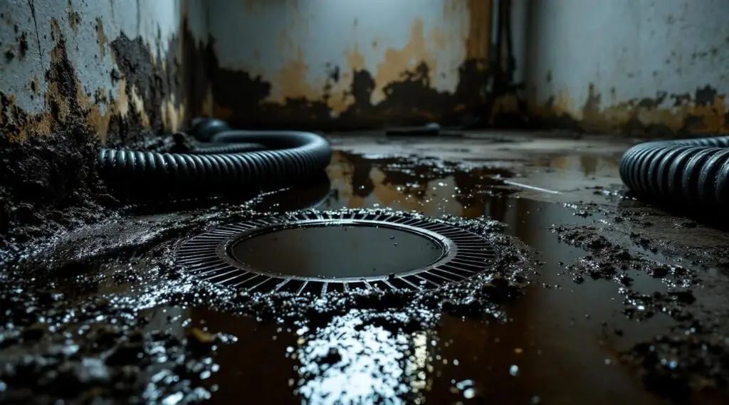 Professional crew in full personal protective equipment performing sewage extraction from a flooded basement
