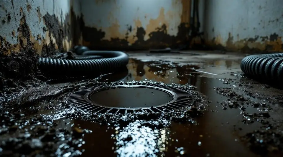 Professional crew in full personal protective equipment performing sewage extraction from a flooded basement