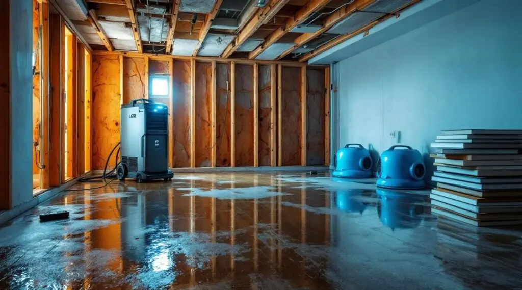 StarPro Restoration technician extracting water from a flooded Mesa living room using professional drying equipment.
