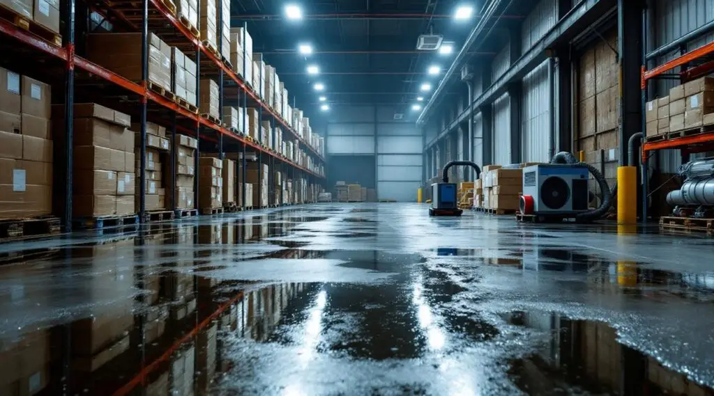 Flooded warehouse floor with commercial water extraction equipment and air movers in operation