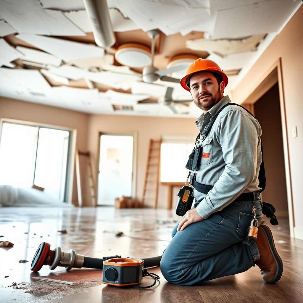 A professional water damage technician checking moisture levels in a Mesa home using a thermal imaging camera