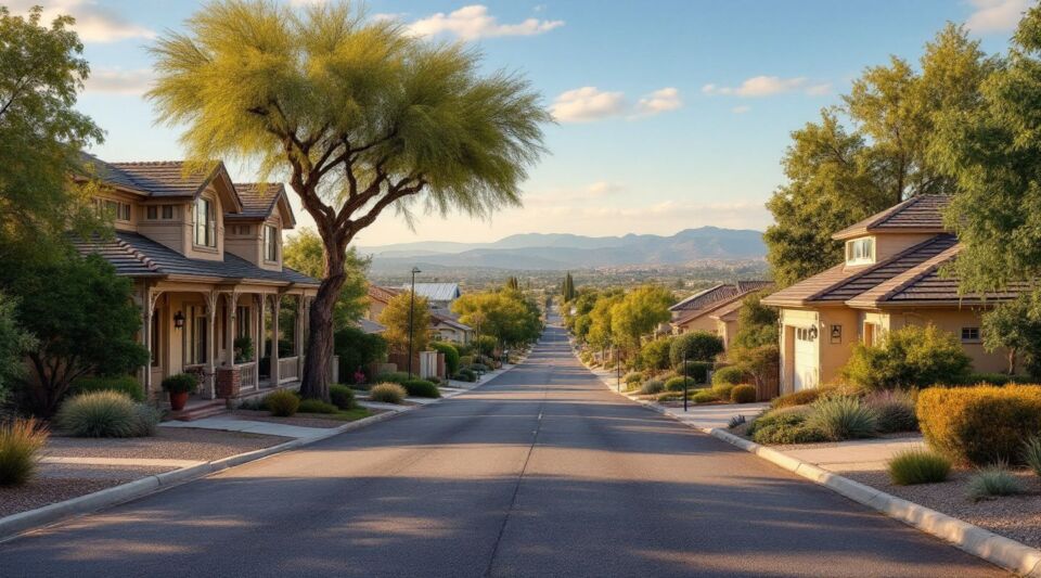 A service vehicle parked along a residential street in Mesa, Arizona, during a warm sunset with palm trees in the background