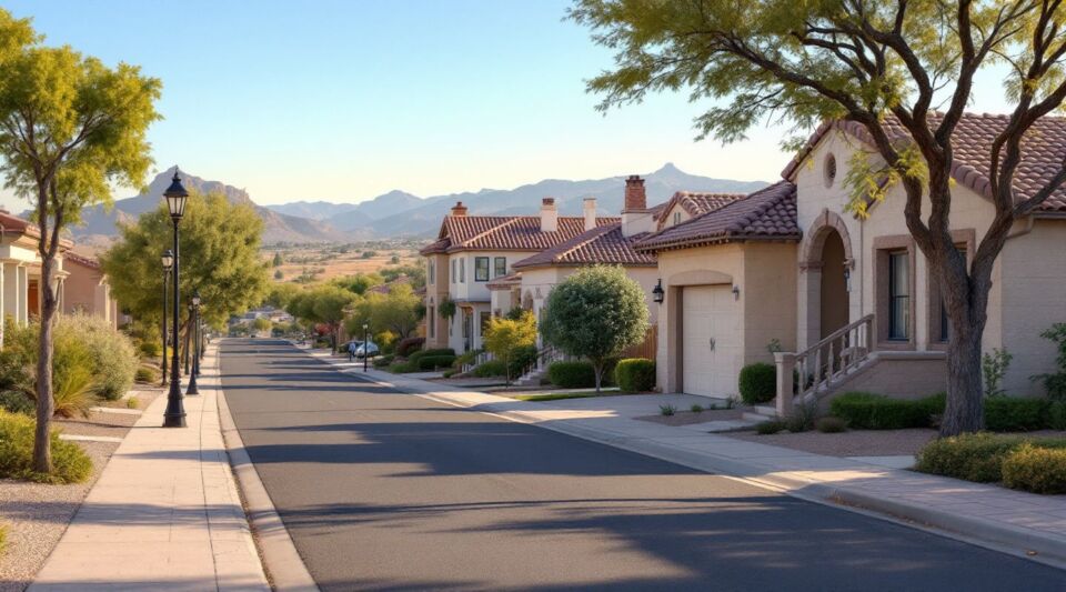 A service vehicle parked on a residential street in San Tan Valley, Arizona, with the San Tan Mountains visible in the background.