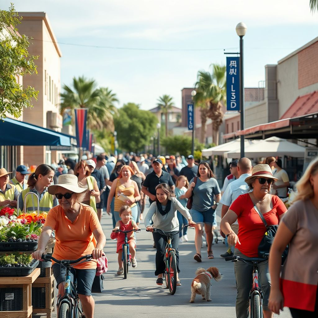A scenic view of downtown Chandler, Arizona, showing historic brick storefronts and modern desert landscaping under a clear sky.
