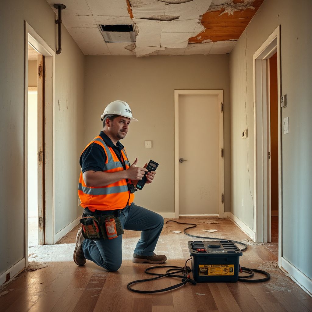 An IICRC-certified technician using an infrared camera to detect hidden moisture behind a stucco wall in a Tempe home.