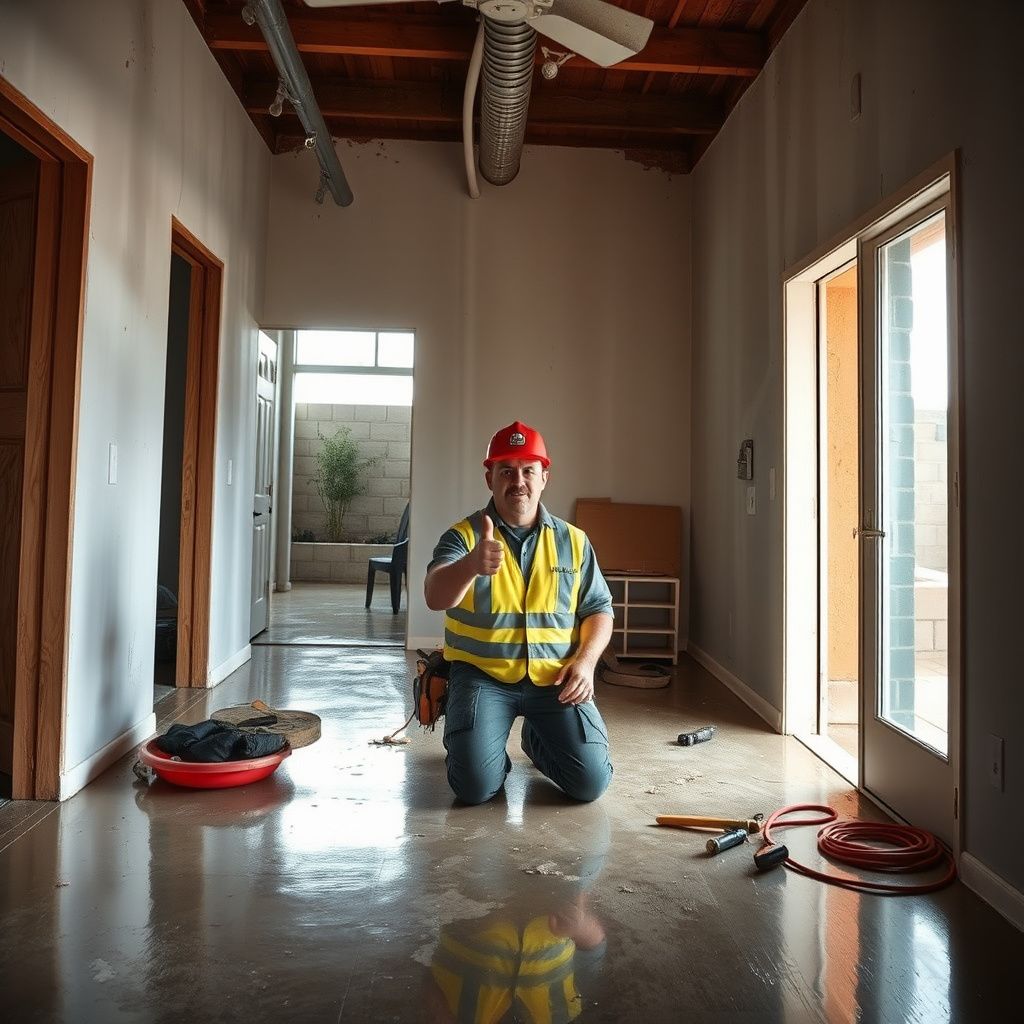 An IICRC-certified technician from StarPro Restoration setting up a commercial dehumidifier on a tile floor